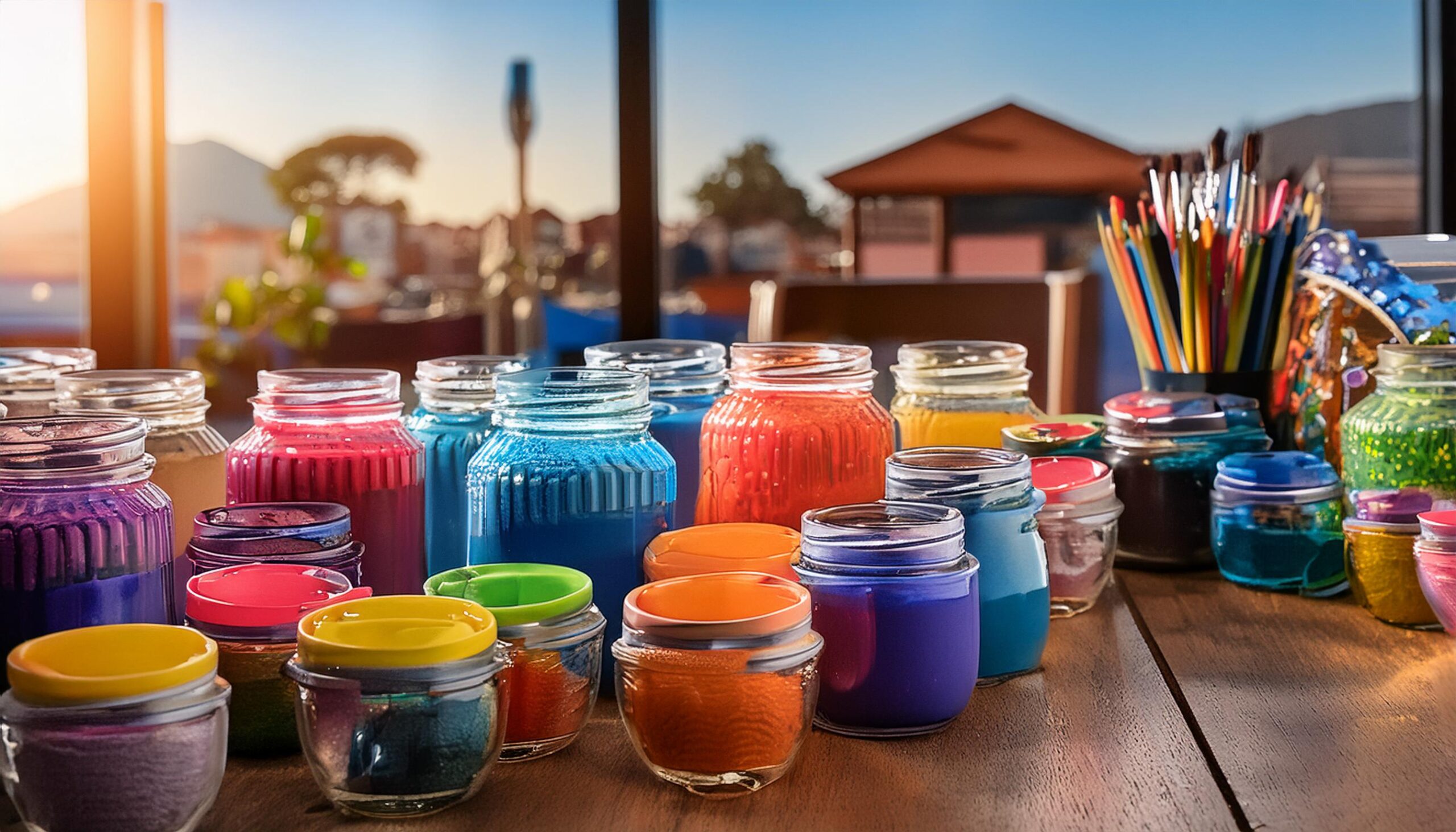 muchos frascos con pinturas de diferentes colores