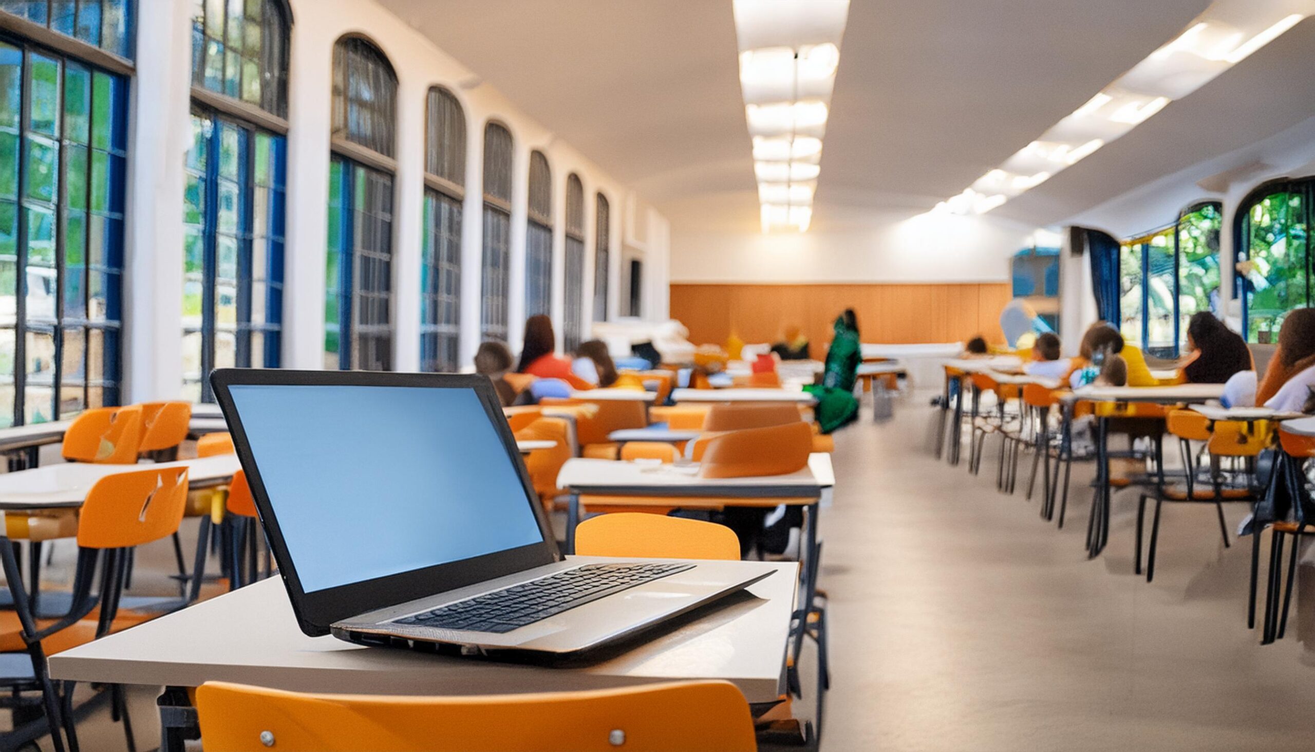 computadora en una mesa de un aula, con alumnos sentados