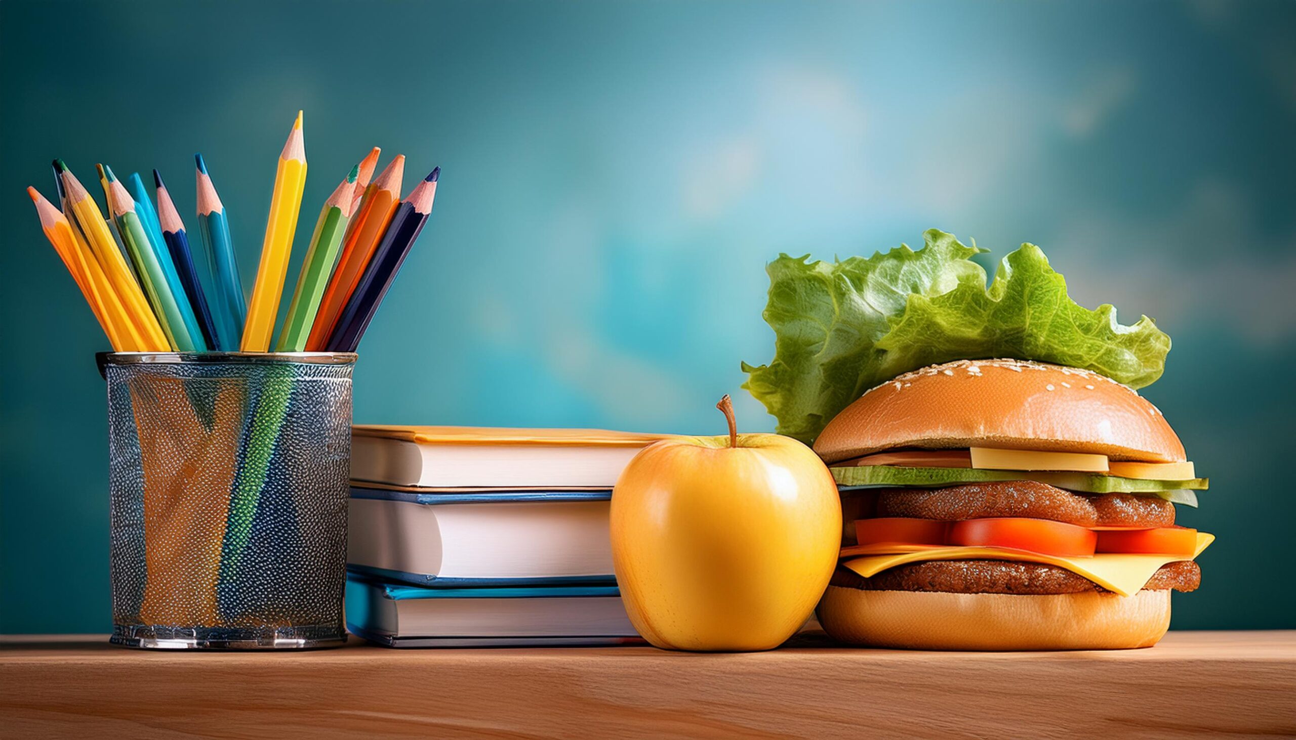 mesa con útiles escolares y comida