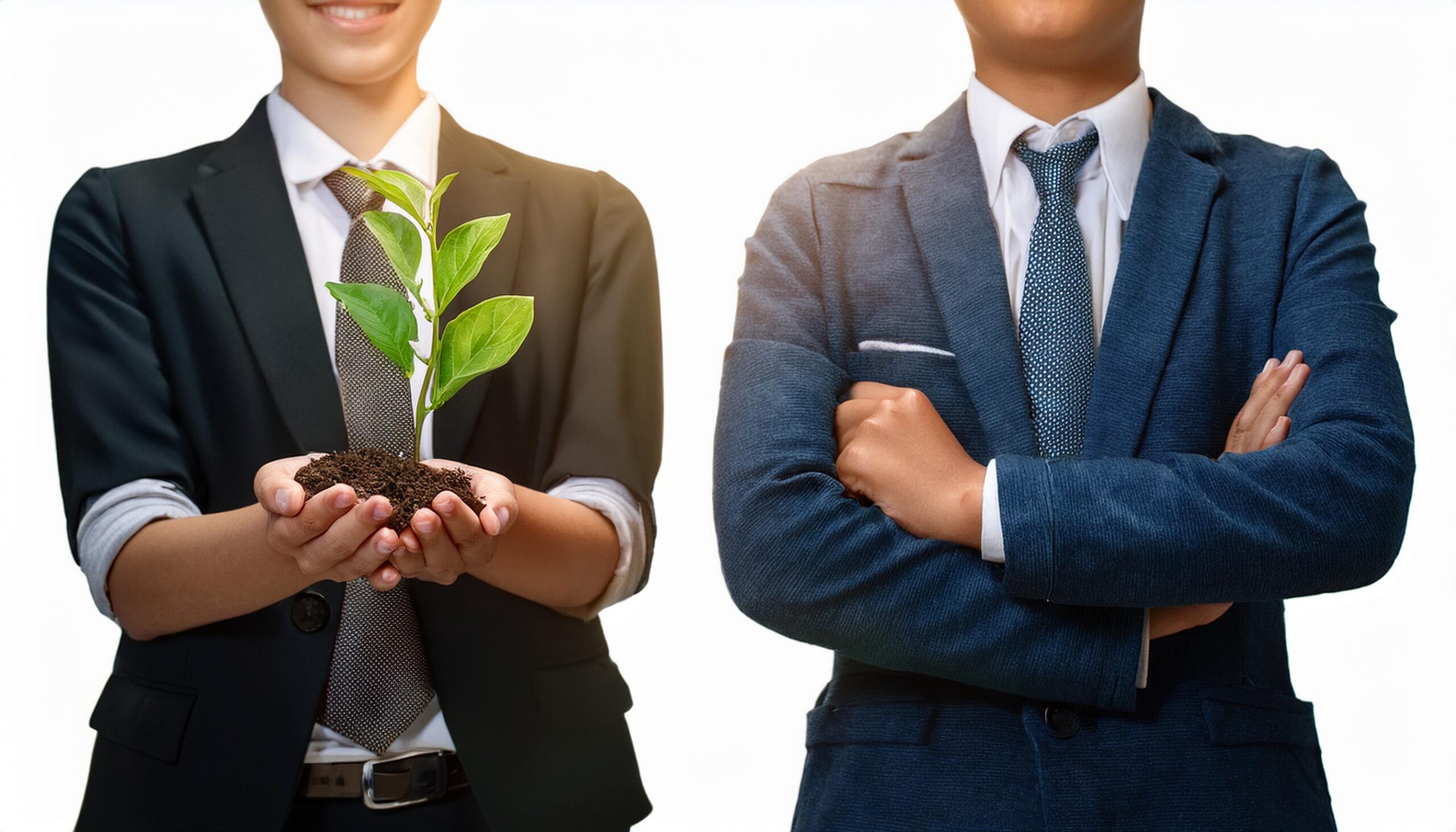 hombres de negocios, uno de ellos sosteniendo una planta